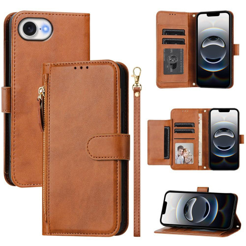 iPhone 16e / 17e Multi-Card Slots Zipper Wallet Leather Phone Case - Brown