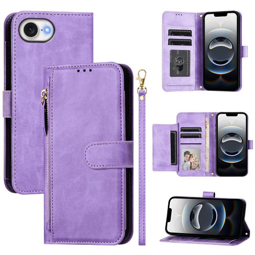 iPhone 16e / 17e Multi-Card Slots Zipper Wallet Leather Phone Case - Purple