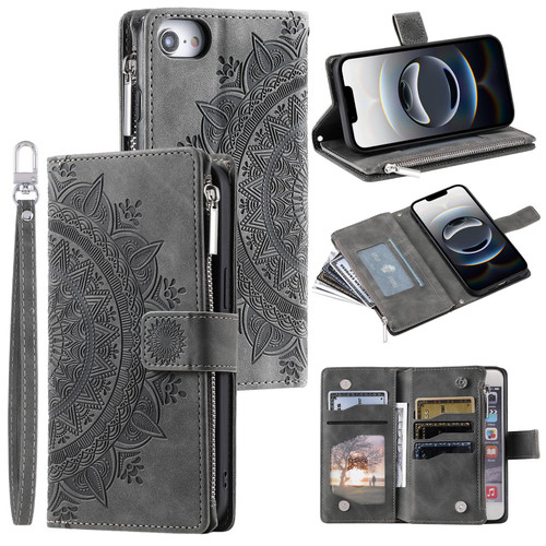 iPhone 16e / 17e Multi-Card Totem Zipper Leather Phone Case - Grey