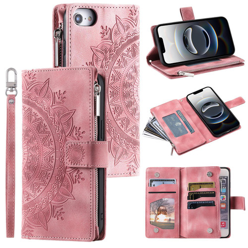 iPhone 16e / 17e Multi-Card Totem Zipper Leather Phone Case - Pink