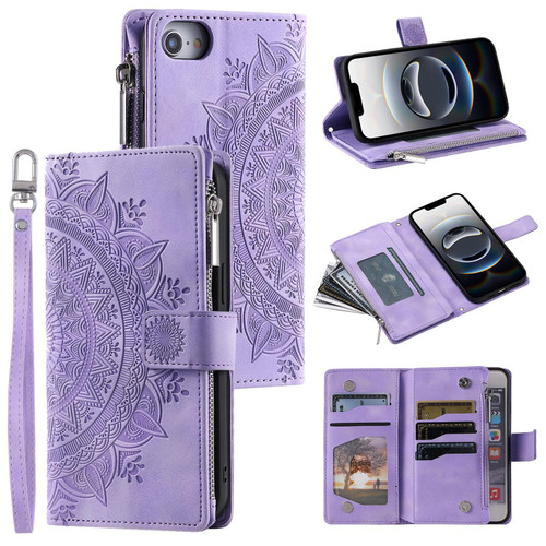 iPhone 16e / 17e Multi-Card Totem Zipper Leather Phone Case - Purple