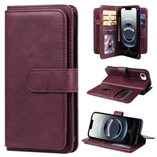 iPhone 16e / 17e Multi-Function Wallet 10 Card Slots Leather Phone Case - Claret