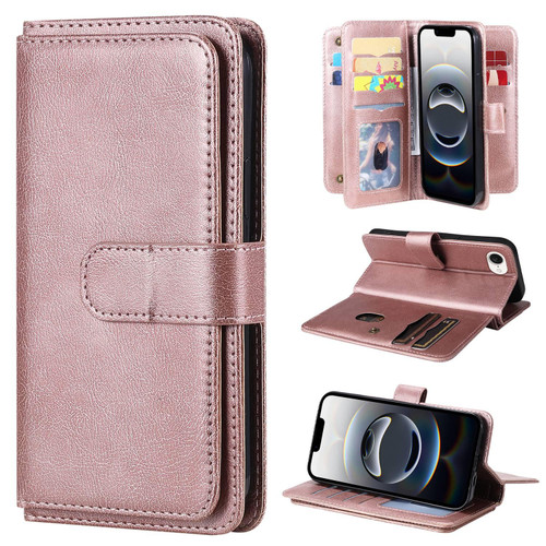 iPhone 16e / 17e Multi-Function Wallet 10 Card Slots Leather Phone Case - Rose Gold