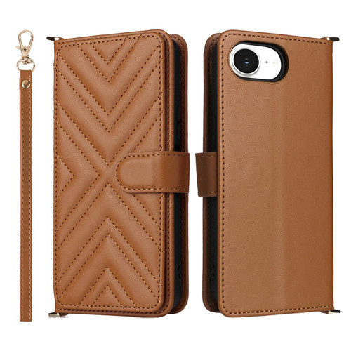 iPhone 16e / 17e Multifunctional 6-Card Slots Leather Phone Case with Wrist Strap - Brown