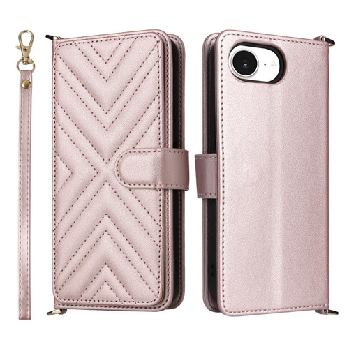 iPhone 16e / 17e Multifunctional 6-Card Slots Leather Phone Case with Wrist Strap - Pink