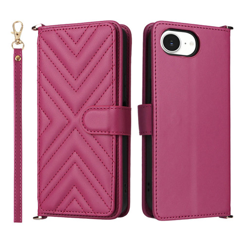 iPhone 16e / 17e Multifunctional 6-Card Slots Leather Phone Case with Wrist Strap - Rose Red