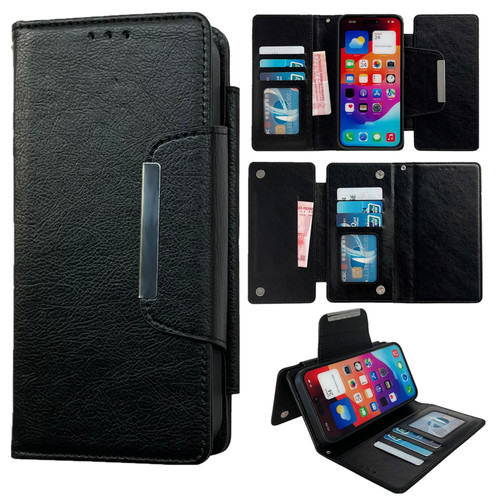 iPhone 16e / 17e Multifunctional 7-Cards Wallet Leather Phone Case - Black
