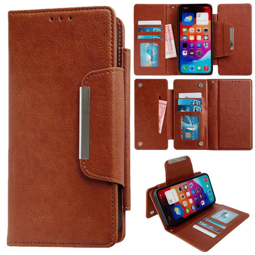 iPhone 16e / 17e Multifunctional 7-Cards Wallet Leather Phone Case - Brown