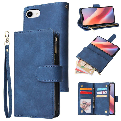 iPhone 16e / 17e Multifunctional Multi-Card Wallet Phone Leather Case - Dark Blue