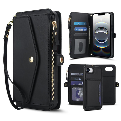 iPhone 16e / 17e Multifunctional Wallet Detachable Leather Phone Case with Lanyard - Black
