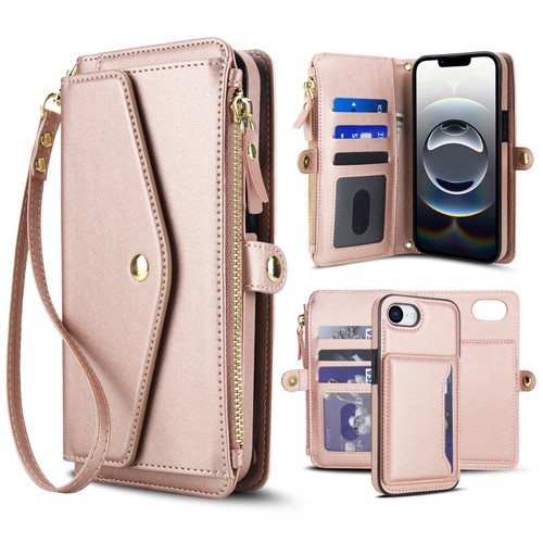 iPhone 16e / 17e Multifunctional Wallet Detachable Leather Phone Case with Lanyard - Rose Gold