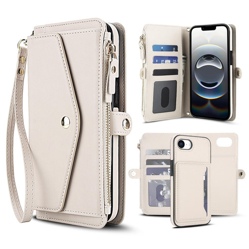 iPhone 16e / 17e Multifunctional Wallet Detachable Leather Phone Case with Lanyard - White