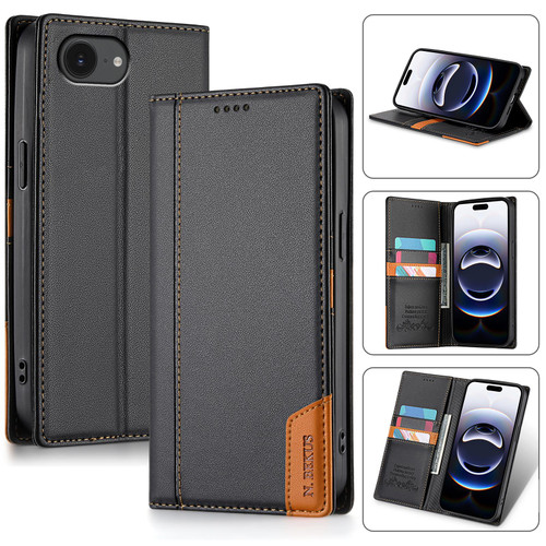iPhone 16e / 17e N.BEKUS P3 RFID Stitching Magnetic Flip Leather Phone Case - Black