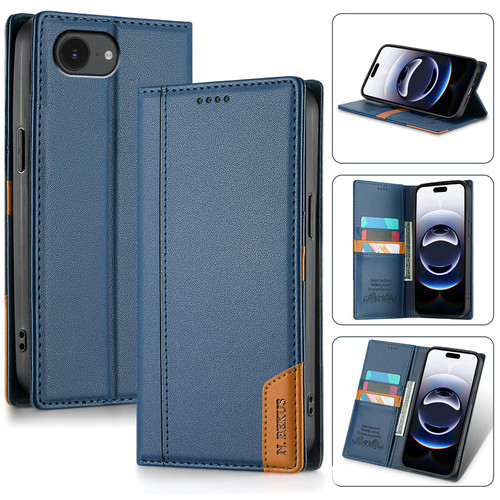 iPhone 16e / 17e N.BEKUS P3 RFID Stitching Magnetic Flip Leather Phone Case - Blue