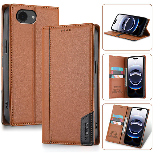 iPhone 16e / 17e N.BEKUS P3 RFID Stitching Magnetic Flip Leather Phone Case - Brown