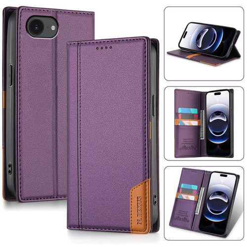 iPhone 16e / 17e N.BEKUS P3 RFID Stitching Magnetic Flip Leather Phone Case - Purple