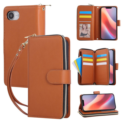iPhone 16e / 17e Nine-card Slots Zipper Wallet Bag Leather Phone Case - Brown