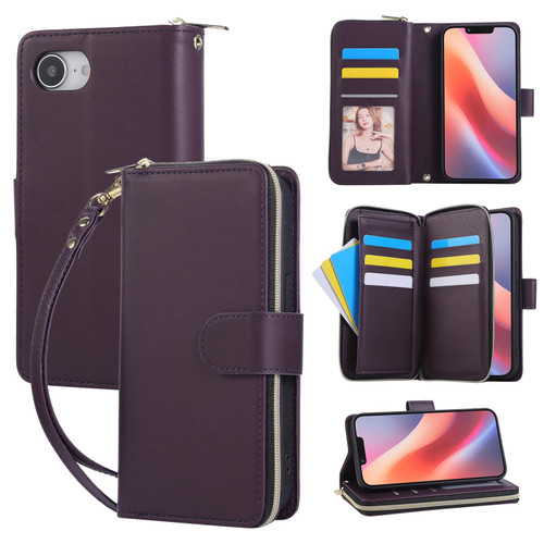 iPhone 16e / 17e Nine-card Slots Zipper Wallet Bag Leather Phone Case - Dark Purple
