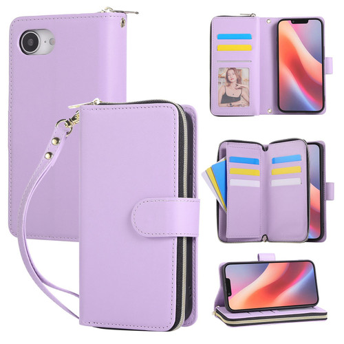 iPhone 16e / 17e Nine-card Slots Zipper Wallet Bag Leather Phone Case - Light Purple