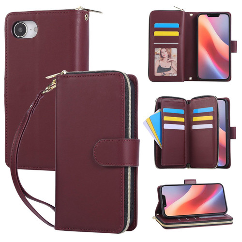 iPhone 16e / 17e Nine-card Slots Zipper Wallet Bag Leather Phone Case - Wine Red