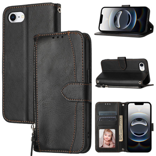 iPhone 16e / 17e Oil Skin Zipper Wallet Leather Phone Case - Black