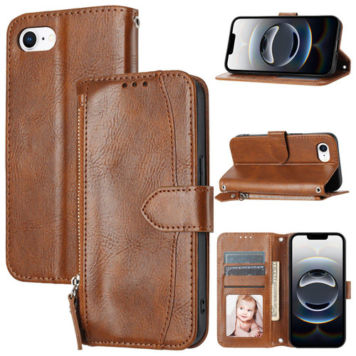 iPhone 16e / 17e Oil Skin Zipper Wallet Leather Phone Case - Brown