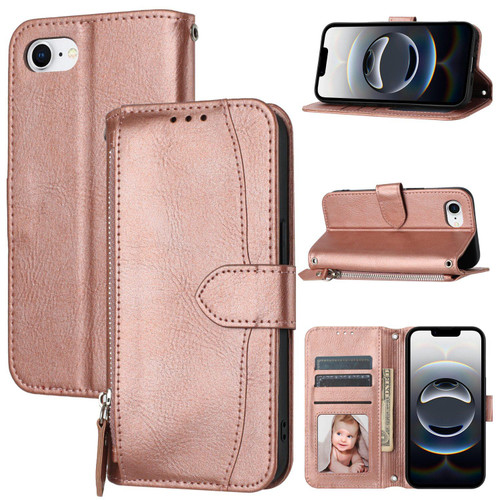 iPhone 16e / 17e Oil Skin Zipper Wallet Leather Phone Case - Rose Gold