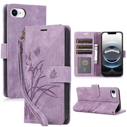 iPhone 16e / 17e Orchid Butterfly Embossed Leather Phone Case - Purple