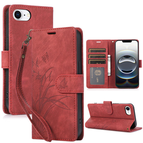 iPhone 16e / 17e Orchid Butterfly Embossed Leather Phone Case - Red