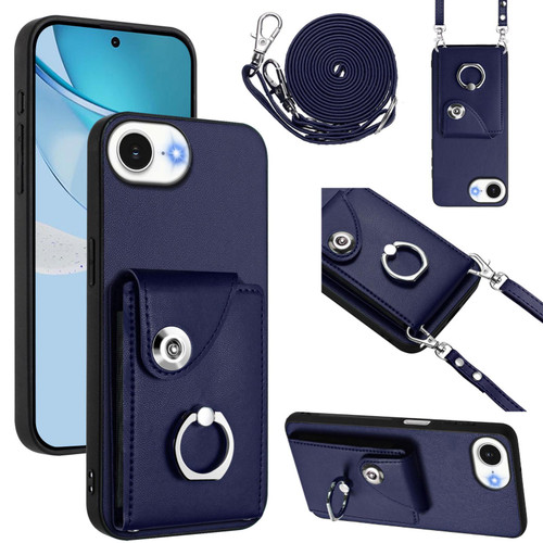 iPhone 16e / 17e Organ Card Bag Ring Holder Phone Case with Long Lanyard - Blue
