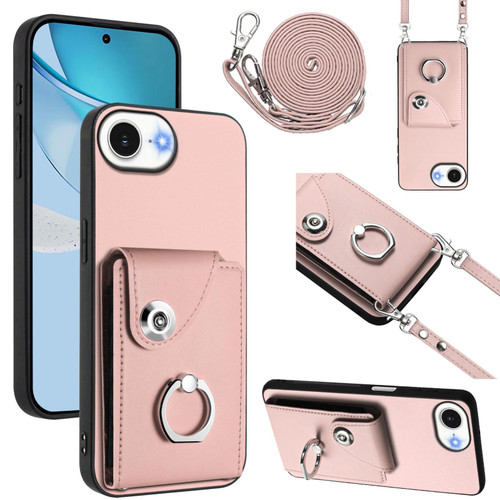 iPhone 16e / 17e Organ Card Bag Ring Holder Phone Case with Long Lanyard - Pink