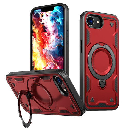 iPhone 16e / 17e PC Hybrid TPU Armor MagSafe Ring Holder Phone Case - Red