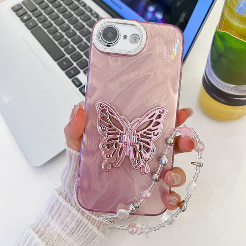 iPhone 16e / 17e Plating Glitter Lens Film Texture Butterfly Holder Wristband Phone Case - Pink Feather Yarn