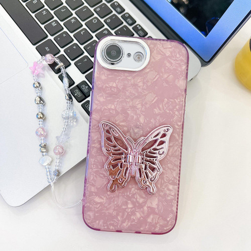 iPhone 16e / 17e Plating Glitter Lens Film Texture Butterfly Holder Wristband Phone Case - Pink Shell Pattern