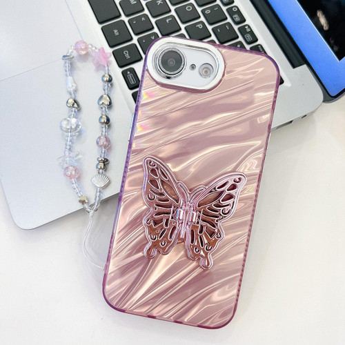 iPhone 16e / 17e Plating Glitter Lens Film Texture Butterfly Holder Wristband Phone Case - Pink Water Ripples