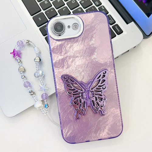 iPhone 16e / 17e Plating Glitter Lens Film Texture Butterfly Holder Wristband Phone Case - Purple Tinfoil Texture