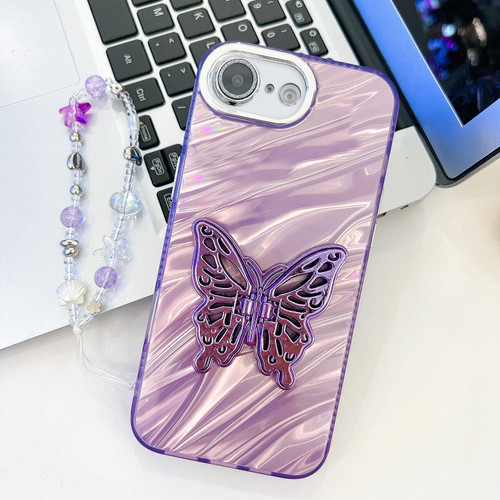 iPhone 16e / 17e Plating Glitter Lens Film Texture Butterfly Holder Wristband Phone Case - Purple Water Ripples