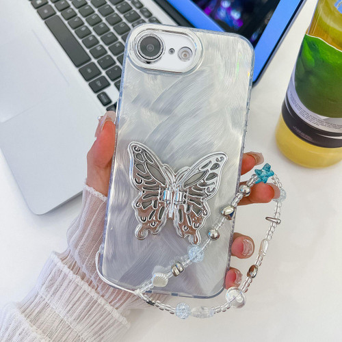 iPhone 16e / 17e Plating Glitter Lens Film Texture Butterfly Holder Wristband Phone Case - White Feather Yarn