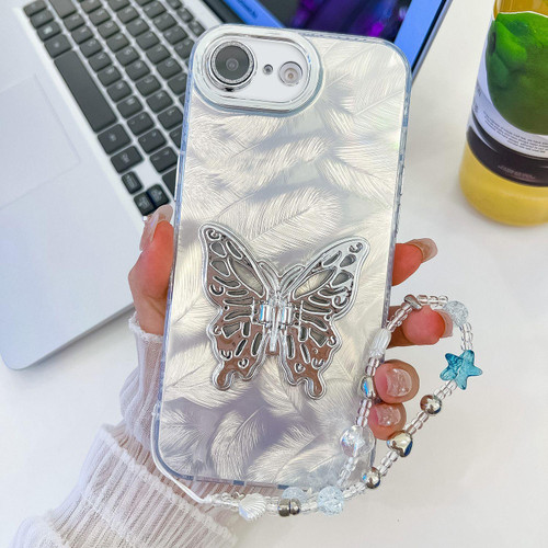 iPhone 16e / 17e Plating Glitter Lens Film Texture Butterfly Holder Wristband Phone Case - White Feathers
