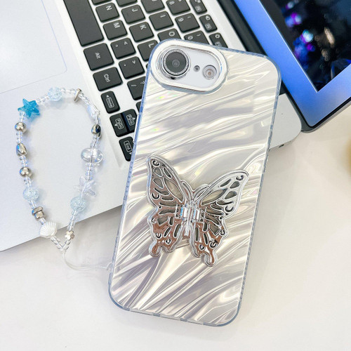 iPhone 16e / 17e Plating Glitter Lens Film Texture Butterfly Holder Wristband Phone Case - White Water Ripples
