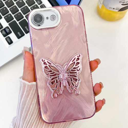 iPhone 16e / 17e Plating Glitter Texture Butterfly Holder TPU Phone Case with Lens Film - Pink Feather Yarn