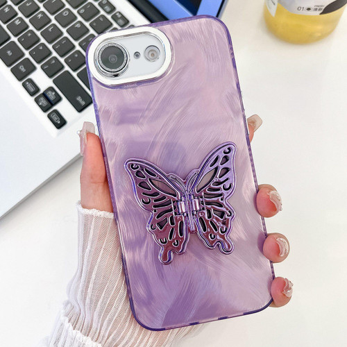 iPhone 16e / 17e Plating Glitter Texture Butterfly Holder TPU Phone Case with Lens Film - Purple Feather Yarn