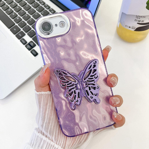 iPhone 16e / 17e Plating Glitter Texture Butterfly Holder TPU Phone Case with Lens Film - Purple Wrinkles