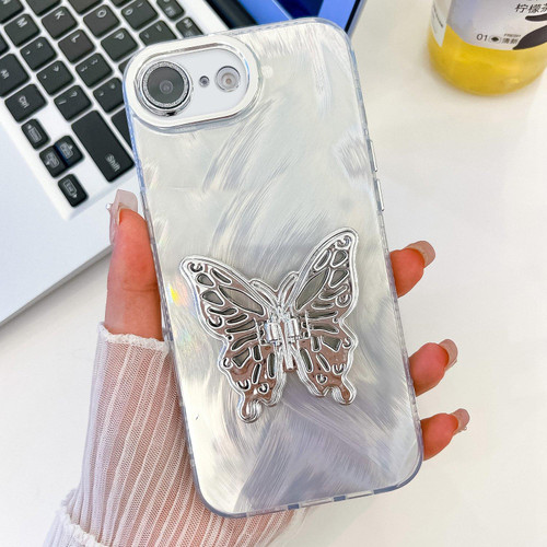 iPhone 16e / 17e Plating Glitter Texture Butterfly Holder TPU Phone Case with Lens Film - White Feather Yarn
