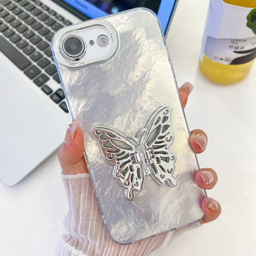 iPhone 16e / 17e Plating Glitter Texture Butterfly Holder TPU Phone Case with Lens Film - White Tinfoil Texture