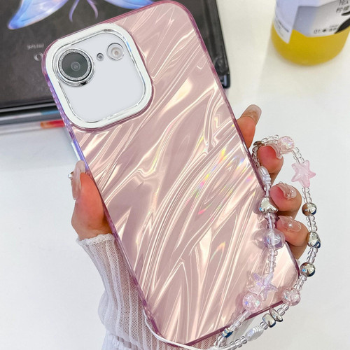 iPhone 16e / 17e Plating Glitter Texture Chain Wristband TPU Phone Case with Lens Film - Pink Water Ripples