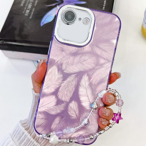 iPhone 16e / 17e Plating Glitter Texture Chain Wristband TPU Phone Case with Lens Film - Purple Feathers