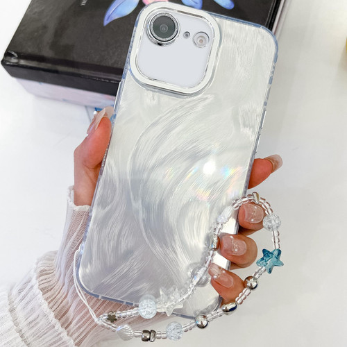 iPhone 16e / 17e Plating Glitter Texture Chain Wristband TPU Phone Case with Lens Film - White Feather Yarn