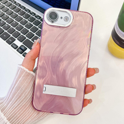 iPhone 16e / 17e Plating Glitter Texture Fold Holder TPU Phone Case with Lens Film - Pink Feather Yarn