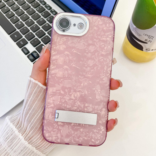 iPhone 16e / 17e Plating Glitter Texture Fold Holder TPU Phone Case with Lens Film - Pink Shell Pattern